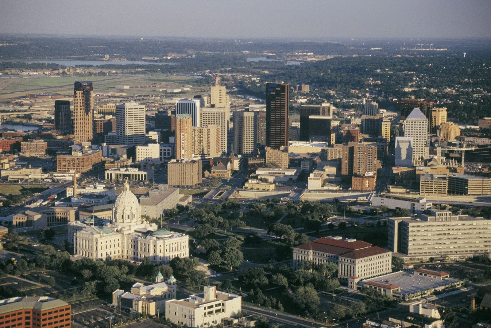 Aerial view of downtown St. Paul and the State Capitol